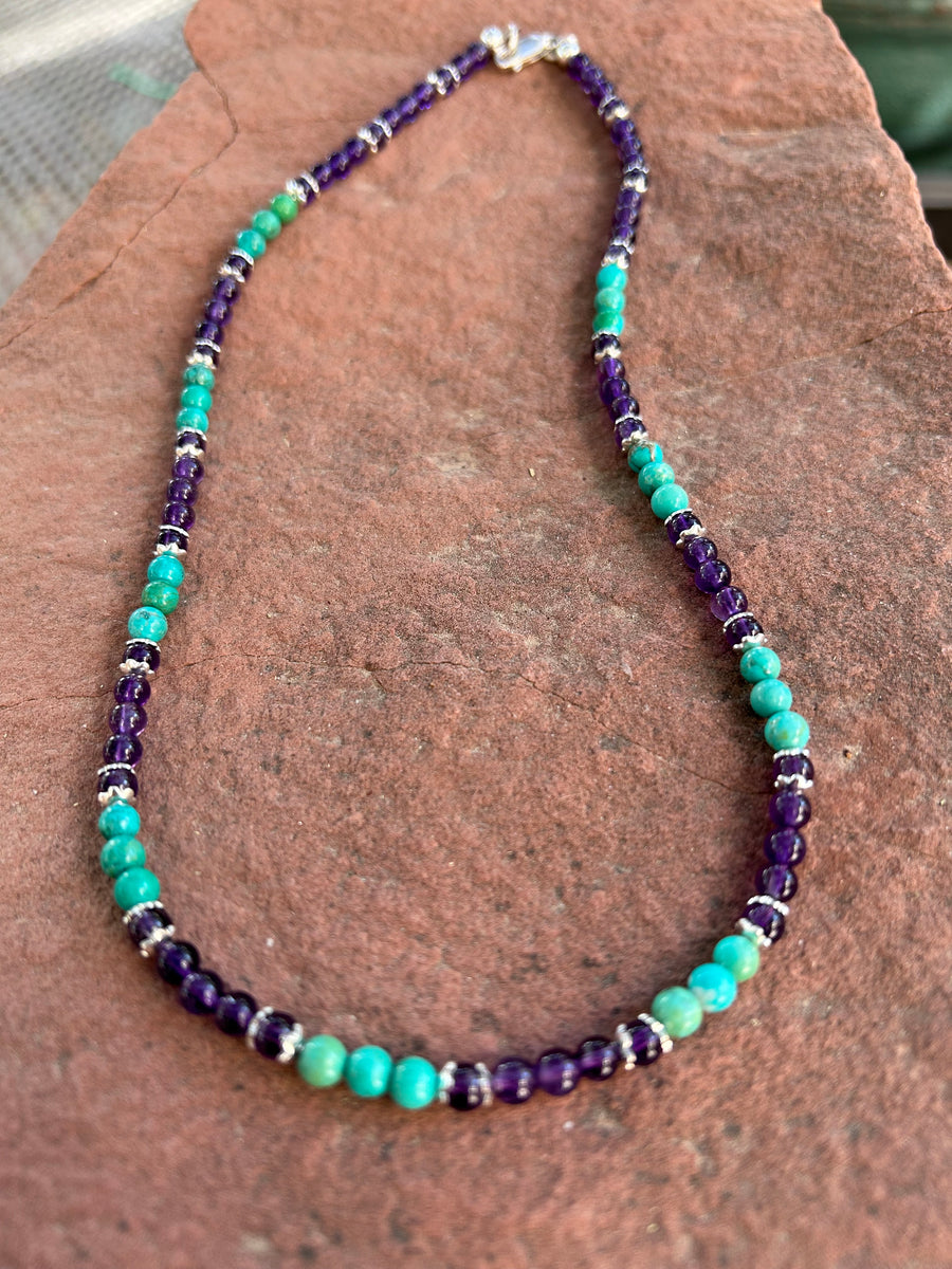 Genuine Amethyst and turquoise 4mm beads with sterling silver. 15”. SR