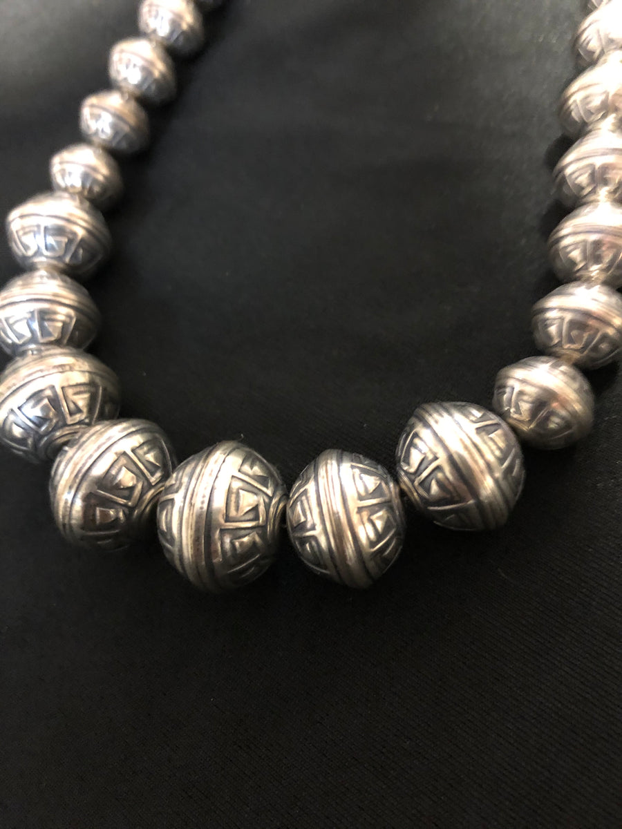 Sterling Silver Beads in Aztec design necklace, 23” long A.S. Inspired