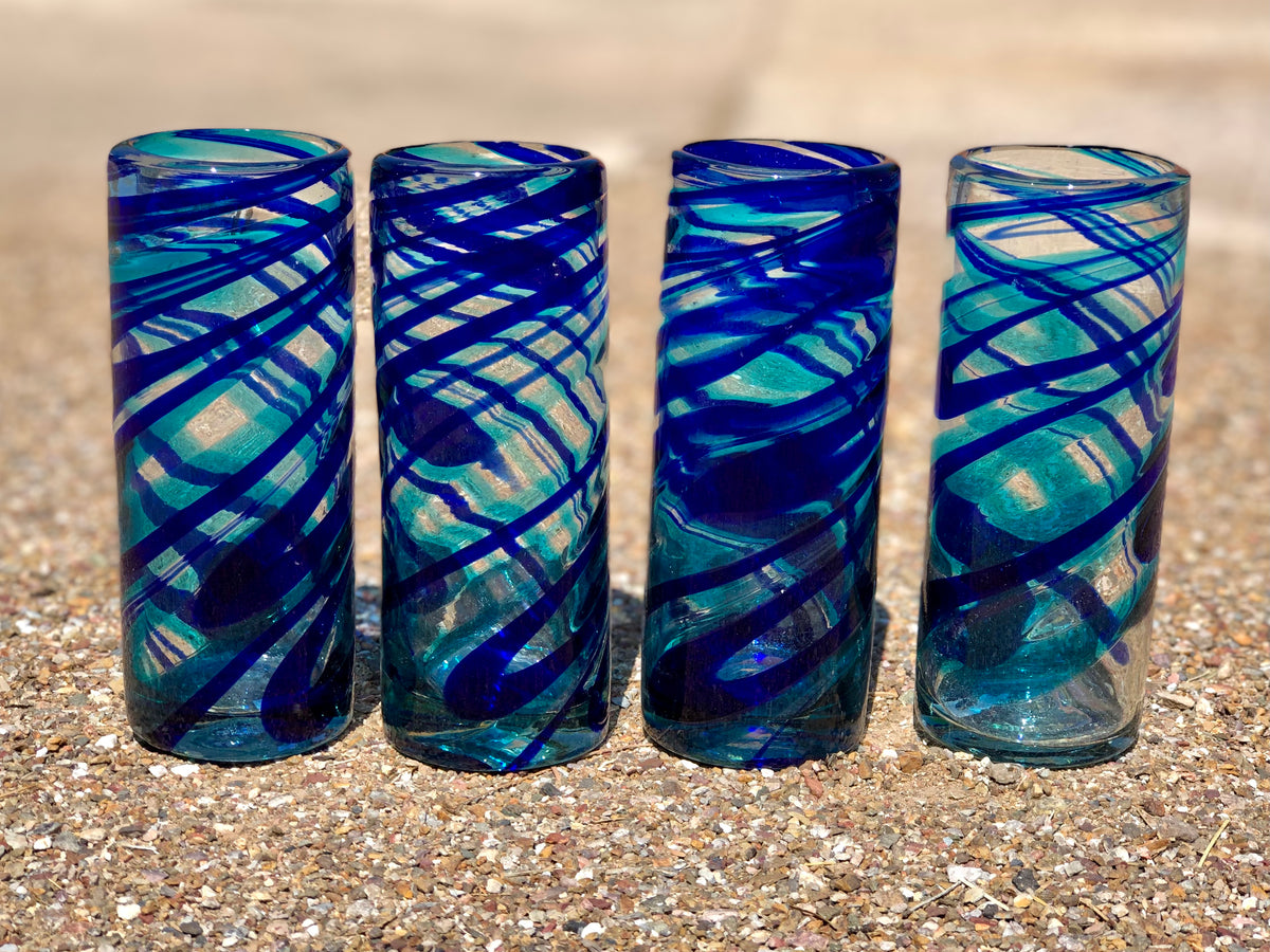 Hi Ball or Tom Collins glasses hand blown in Striped Turquoise glass, set  of 4+priced each