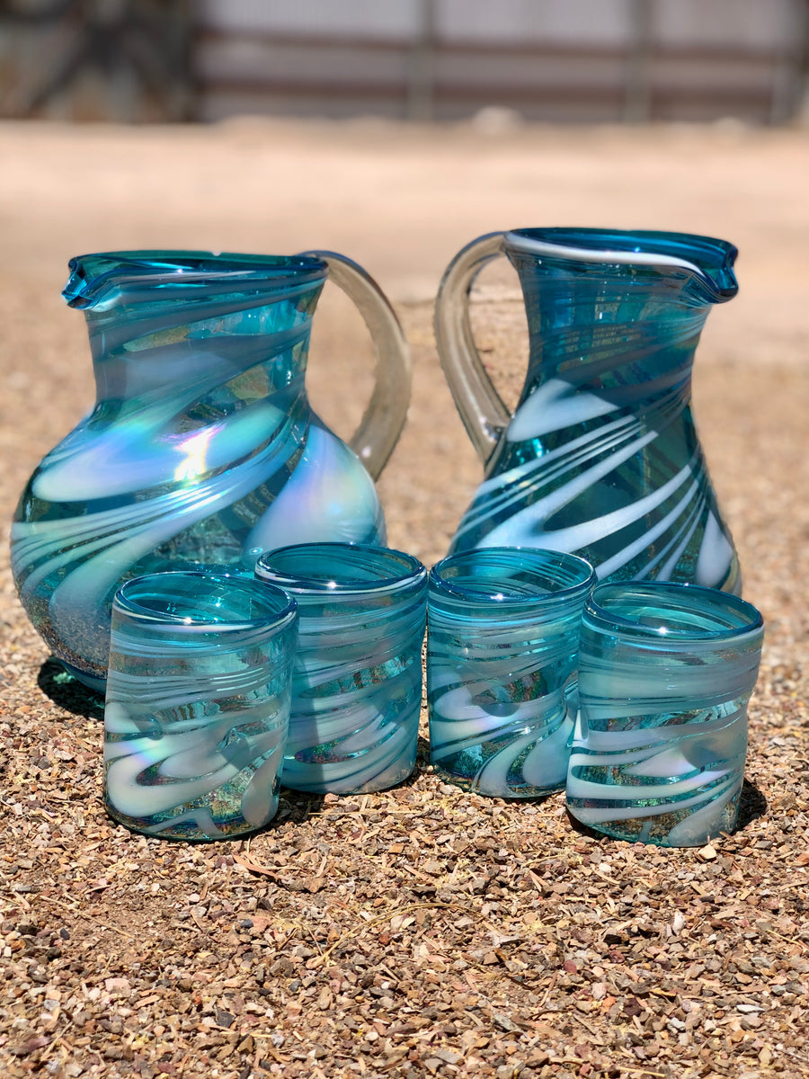 Handblown Glass Aqua Pitcher