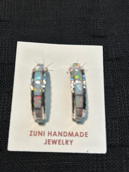 Zuni Earrings in Sterling Silver and lab grown opal.  NM138