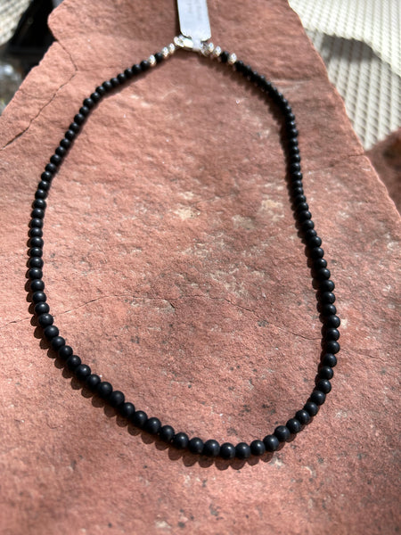 Matte finish black onyx beads with sterling silver, 17” necklace JK27