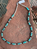 Genuine Campitos Turquoise with black onyx and sterling silver beads in a 22” length.  SR120