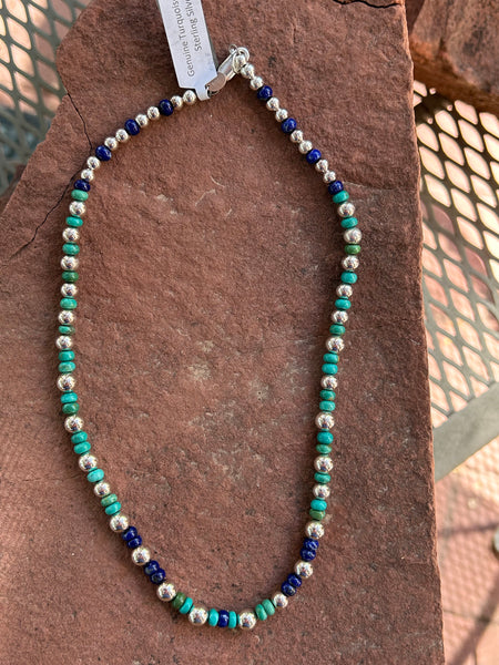 Genuine Turquoise and Lapis with sterling silver necklace, 17.75” long  Z 1024