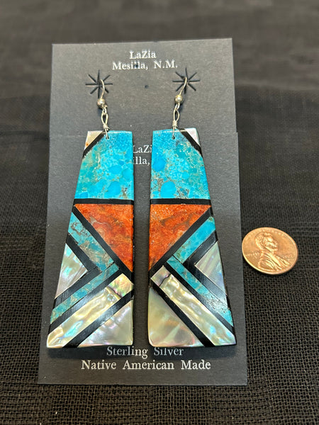 Kewa (Santo Domingo) handcrafted earrings in genuine turquoise, shell, and sterling silver.  3.25” drop incl. wires.  LZ015. James Crespin