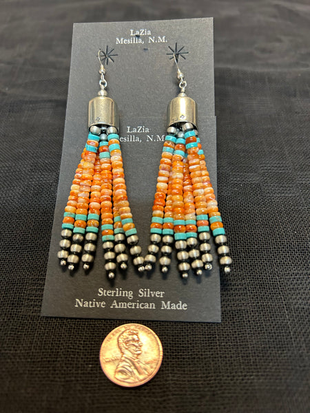 Kewa (Santo Doming) handcrafted earrings in genuine turquoise, sterling silver, and Spiney Oyster Shell.  LZ016. 3.5” drop incl. wires.