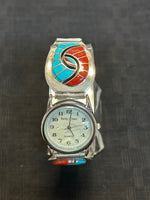 Zuni  handcrafted sterling silver watch band with watch and turquoise and coral.  By Quay.