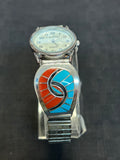 Zuni  handcrafted sterling silver watch band with watch and turquoise and coral.  By Quay.