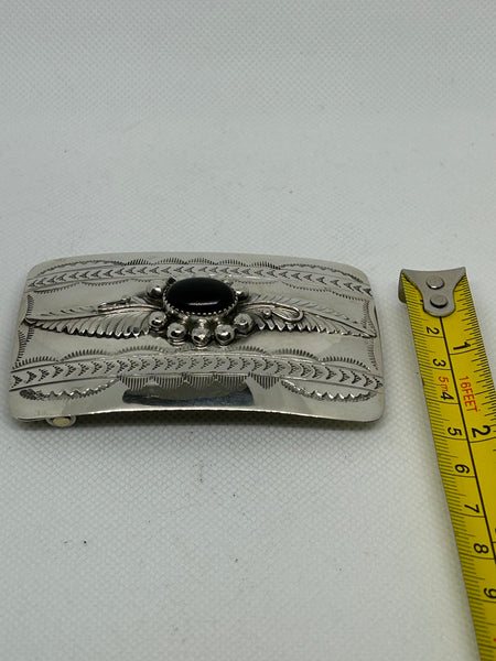 Navajo handcrafted sterling silver with black onyx belt buckle. LZ694