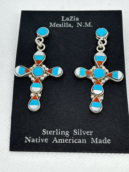 Zuni handcrafted sterling silver with genuine stone and shell inlay earrings.  LZ783