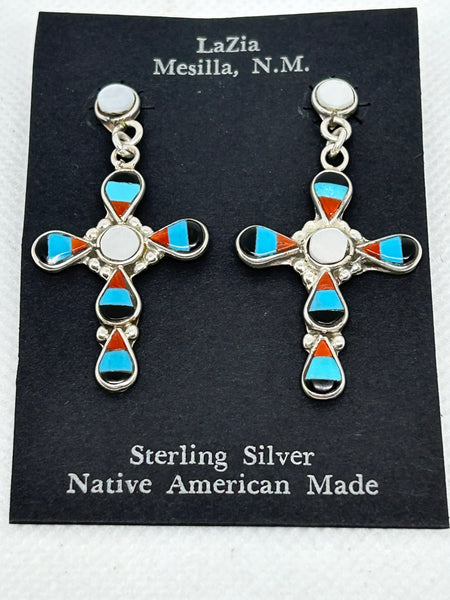 Zuni handcrafted sterling silver with genuine stone and shell inlay earrings.  LZ782