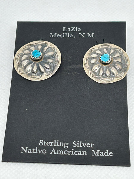 Navajo handcrafted sterling silver and genuine turquoise stones earrings.  LZ656