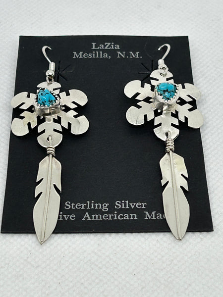 Navajo handcrafted sterling silver earrings with genuine turquoise, by Vicky Lee.  LZ651