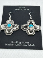 Navajo handcrafted sterling silver Zia earrings with genuine turquoise.  LZ650