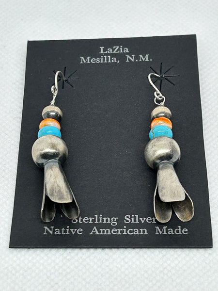 Navajo handcrafted sterling silver earrings with turquoise and Spiney oyster shell.  LZ648