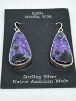 Navajo handcrafted sterling silver earrings with genuine Charoite stones.  LZ645