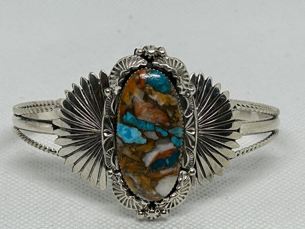 Navajo handcrafted sterling silver and turquoise and shell composite.bracelet. By Gregg Yazzie  LZ812