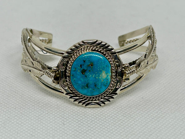 Navajo handcrafted sterling silver with genuine turquoise stone bracelet.  LZ813