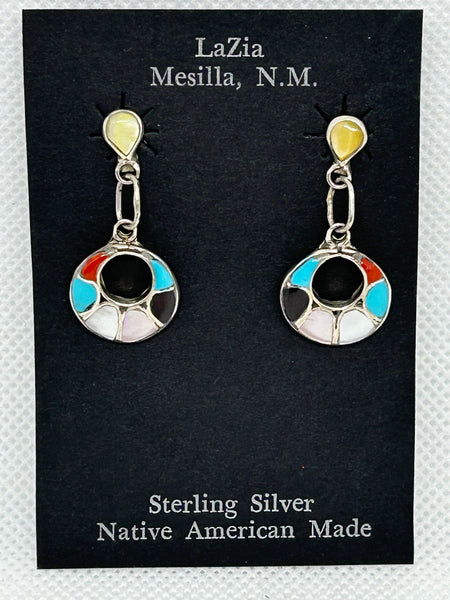 Zuni Handcrafted sterling silver earrings with genuine stone and shell inlay.  LZ834