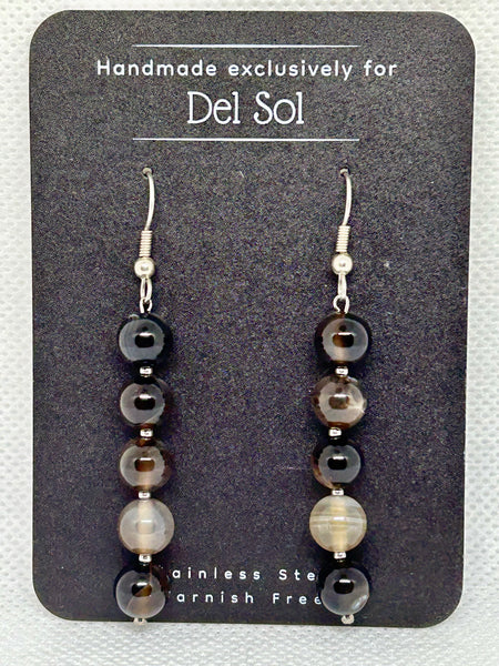 Smokey Onyx Earrings with stainless steel beads and hypoallergenic ear wires. EP101