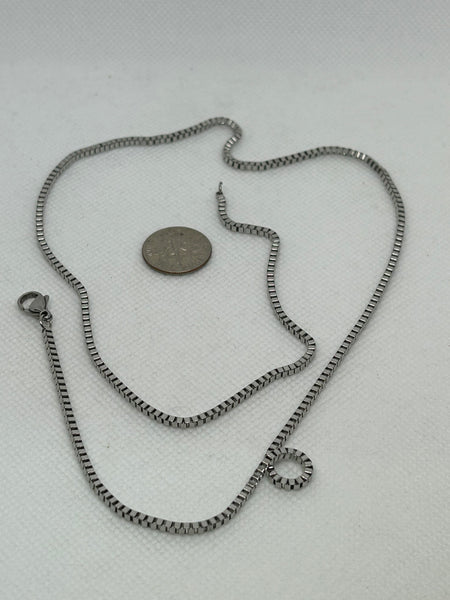 Stainless steel tarnish free neck chain in a larger box link. 24” long, SSC25