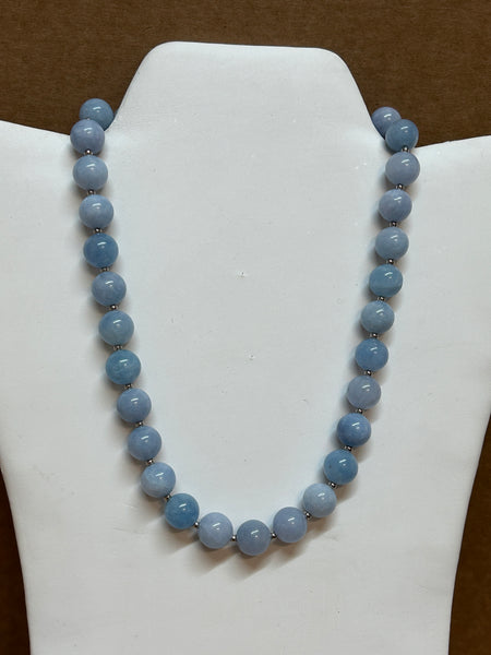 Genuine Aquamarine stones(12mm) necklace with stainless steel beads and clasp.  EP183