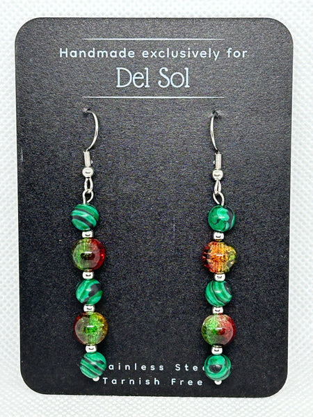 Malachite and Christmas glass bead earrings in tarnish free stainless steel wires and beads.  EP197