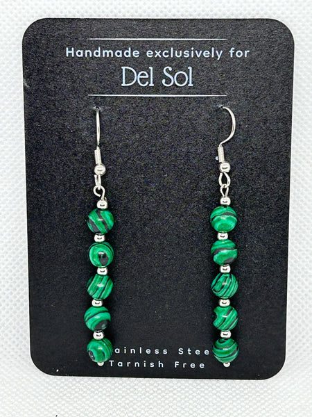 Malachite earrings with stainless steel wires and beads.  EP188