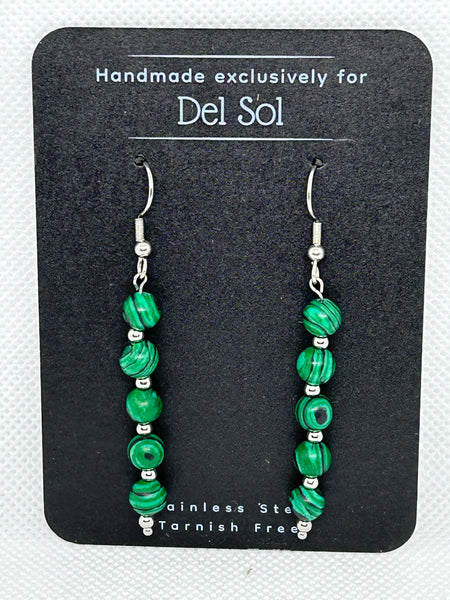 Malachite earrings with stainless steel wires and beads.  EP187