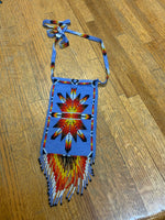 Guatemalan handcrafted glass seed bead crossbody bag, 4” wide x 10” long including fringe.  BZ505