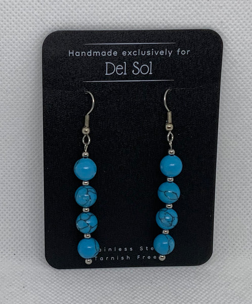 Genuine Howlite stone (dyed turquoise) earrings with hypoallergenic stainless steel beads and posts.  EP127