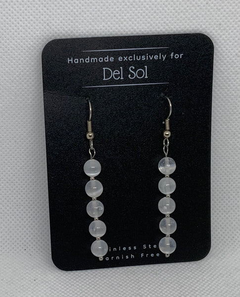 Genuine Selenite earrings with hypoallergenic stainless steel beads and wires.  EP126