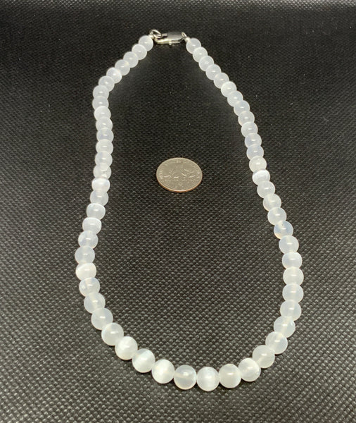 Genuine Selenite 6mm stone necklace with hypoallergenic stainless steel clasp.  16”. EP108