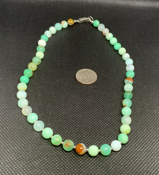 Chrysoface necklace with hypoallergenic stainless steel space beads and clasp, 15” long.  EP105