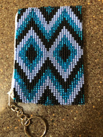 Guatemalan handcrafted glass beadwork change purse with key ring. 4” x 3”. SALE!!