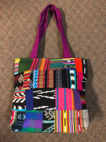 Handwoven Guatemalan cotton patches fashioned into a sturdy shoulder bag, fully lined with one zipper pocket. 15” x 17”