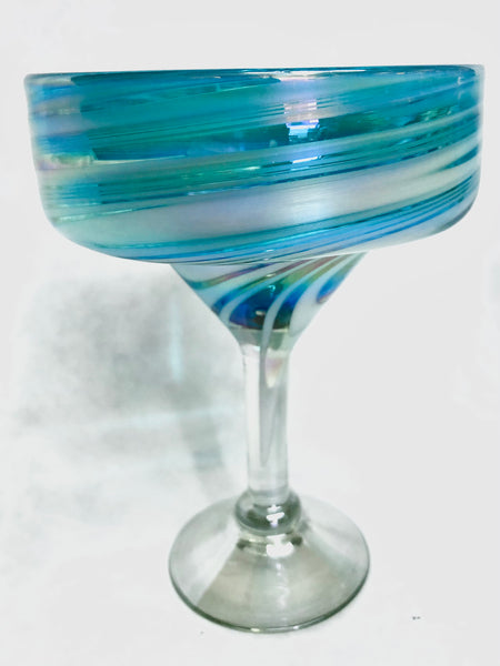 Margarita hand blown glasses in aquamarine with white swirl . – Del Sol/Off  Fourth