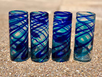 Hi Ball or Tom Collins glasses hand blown in Blue Turquoise Clear glass,  set of 4+priced each